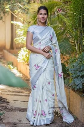 Off White Color Party wear Linen Digital Printed Sari 1254