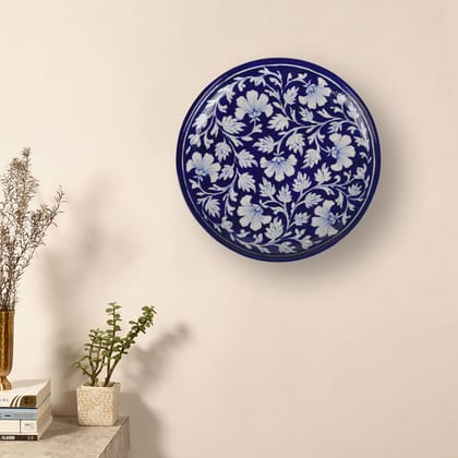 IKrafties Blue Pottery with White Leaves Ceramic Wall Hanging Decorative Plates