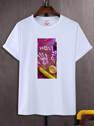 NITYANAND CREATIONS Round Neck White Holi T-Shirt for MEN-HOLI-T-SHIRT-11558-M
