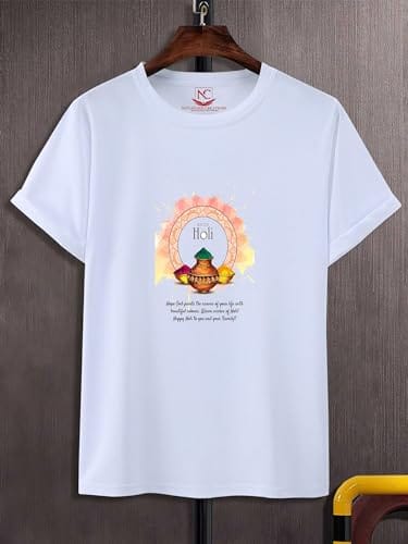 NITYANAND CREATIONS Round Neck White Holi T-Shirt for MEN-HOLI-T-SHIRT-11517-L