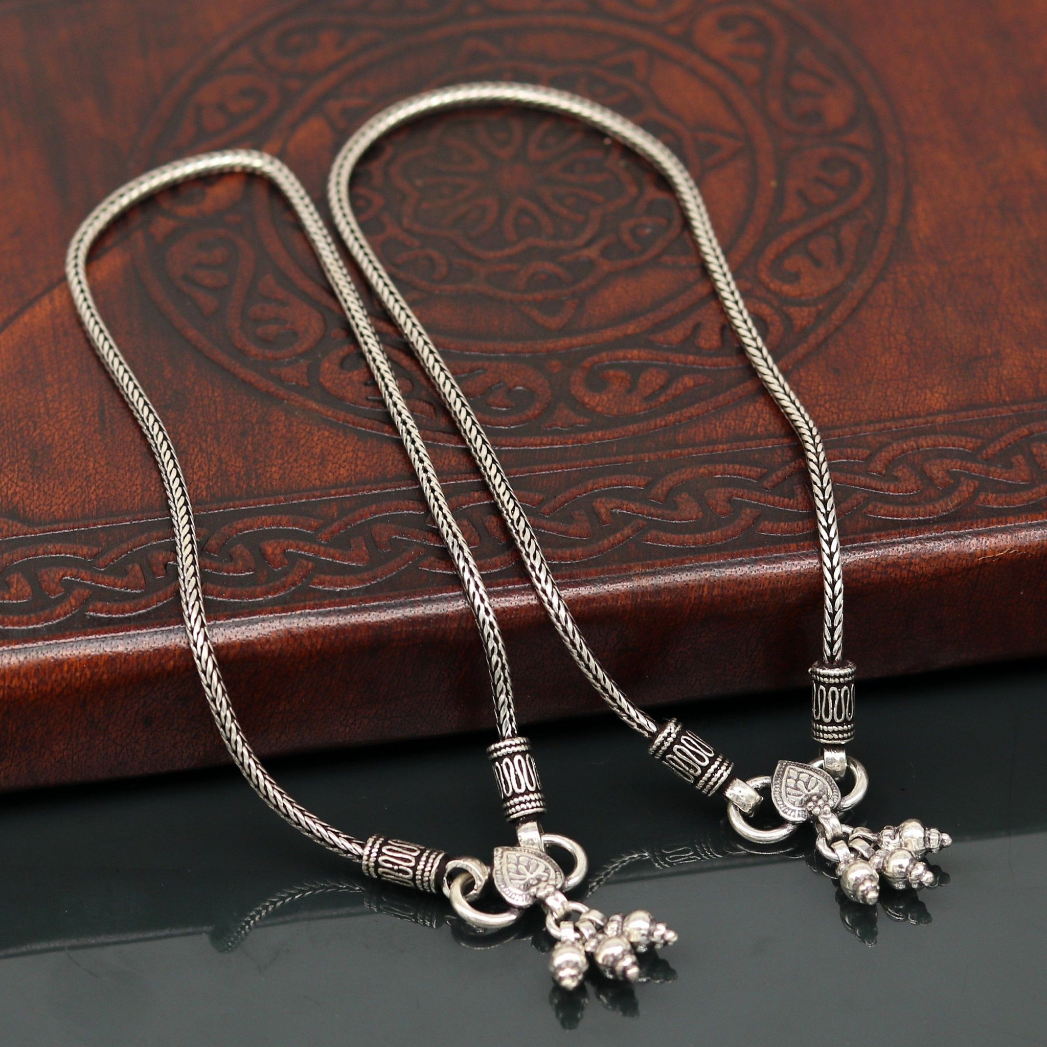 925 Sterling silver handmade wheat chain ankle bracelet, vintage oxidized charm anklets, tribal belly dance customized jewelry nank256