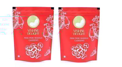 Vishnu Delight Peri Peri Flavor Cashews 250gm Pouch - A Fiery Twist on Traditional Cashews, Rich in Protein, Fiber, and Healthy Fats for a Guilt-Free Snack (Pack of 2)