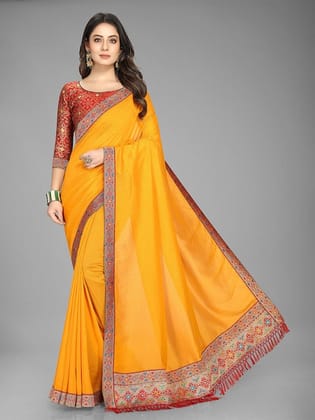 Yellow & Red Zari Silk Blend Saree