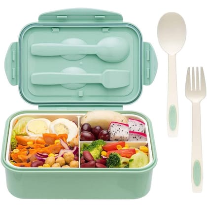 Entisia 1400ml Microwavable Bento Lunch Box - 1 Pcs Single-Layer Leakproof Food Container with Spoon, 3 Compartment Portable Sealed Bento Tiffin Box for Adults, Kids, Home, School