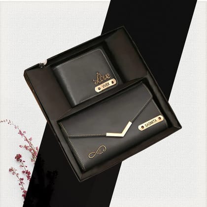 Personalised Ladies Clutch + Men's Wallet Combo-(Black)