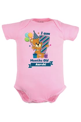 Seven Month Milestone Baby Romper | Onesies - Birthday Teddy w/ Custom Name-Baby Romper / Pink / 0-3 Months