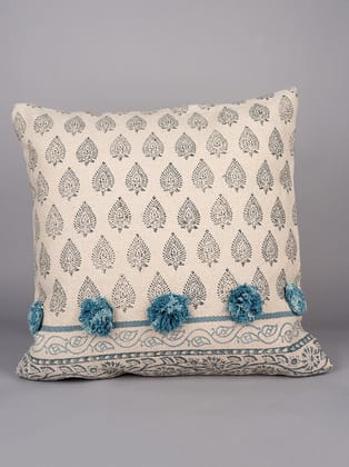 AZURE ELEGANCE - BLOCK PRINTED SQAURE CUSHION COVER-16" X 16" ( S ) / With Insert ( Poly fill )