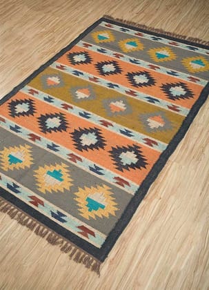 Multicolored Handwoven Panja Wool And Jute Rug | Traditional design Kilim rugs| Bedside runner-2x3 feet