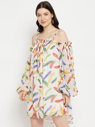Conversational Printed Puff Sleeves Fit & Flare Mini Dress