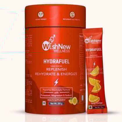 WishNew Wellness HydraFuel: Prime Electrolyte Energy Workout Drink Mix | Get Daily Hydration & Instant Energy Boost | Tangy Orange with natural Sweetness| 20 Sachets | Suitable for Men & Women