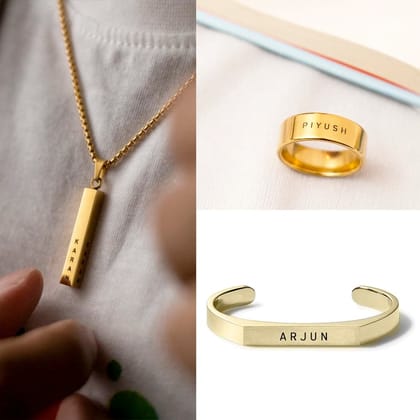 Personalised Gift Hamper-Cuboid Locket for Men / Minimal Ring / Brute Gold Bracelet