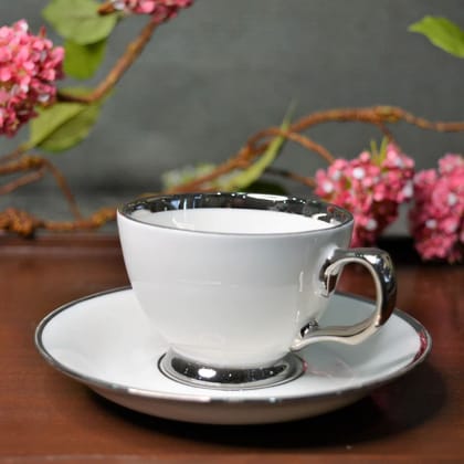 Oasis Italian Cup Saucer Set | 120 ML | White & Silver | Set of 12 Pcs