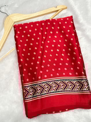 Red Bandhani With Ajrakh Printed Soft Modal Silk Natural Print Saree P3
