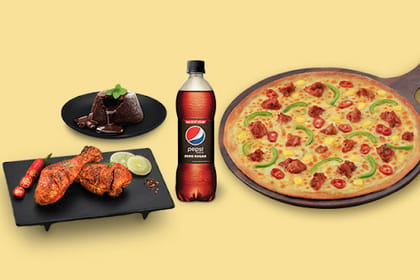 Any Large 10" Pizza + Any Starter [FREE Chocolate Lava Cake & Pepsi] __ Thin Crust,Old World Margherita Pizza [10" Large],Smoky Potato Skewers [10 Pcs],1 FREE Pepsi [250 Ml]