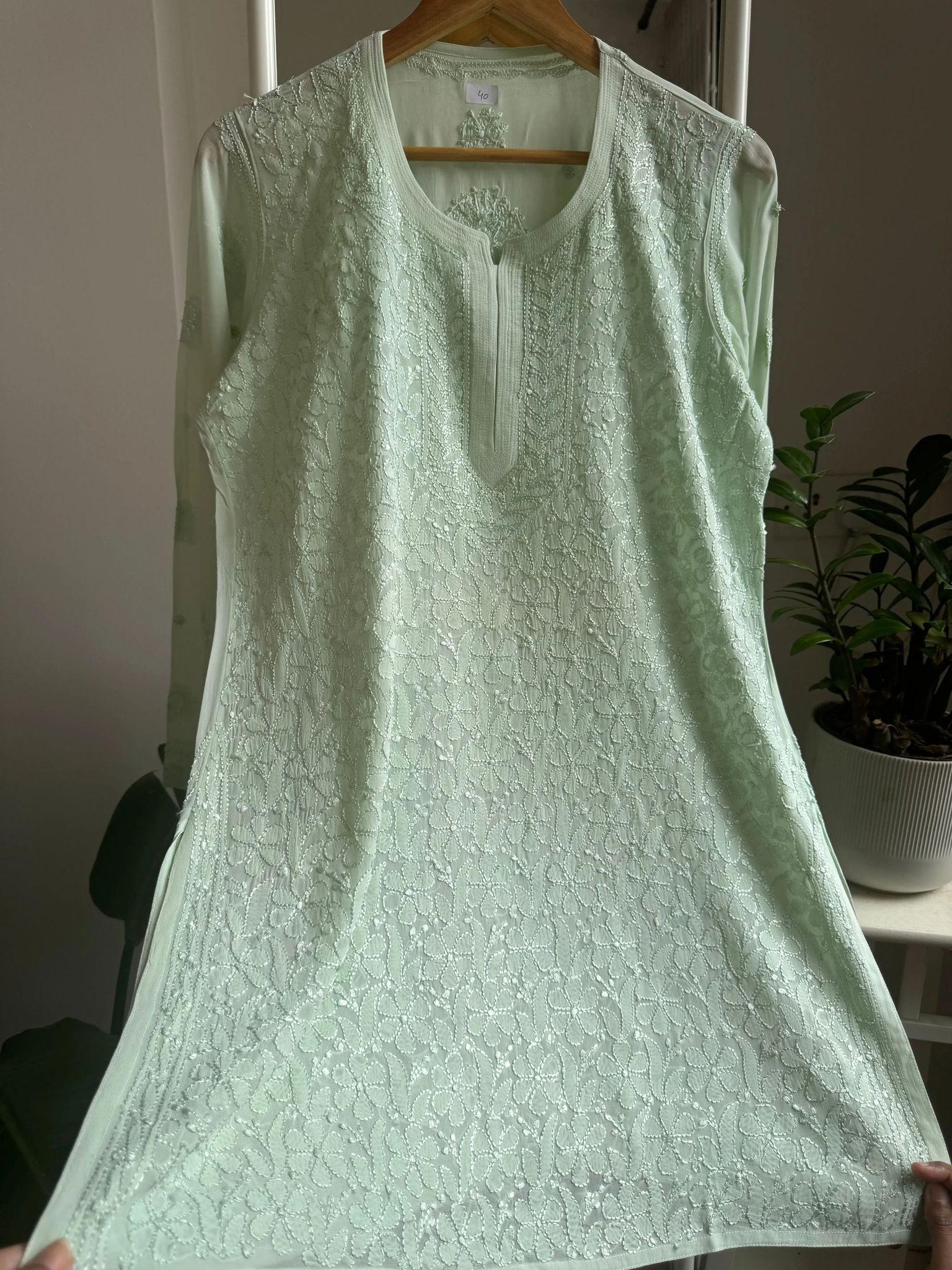 Chikankari Viscose Georgette short Top in Light Green-Green / Viscose Georgette / 2XL