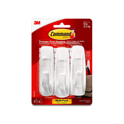 3M Command, Large Utility Wall Hooks, Up To 2.2Kg, Heavy Duty, Holds Strongly, Reusable, Adhesive Hooks For Wall, Multi-Surface Damage Free Hooks For Hanging (White, 1Hook, 2 Stripss)
