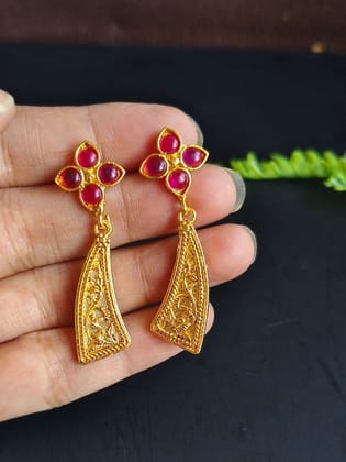 Gold-Plated Earrings with Flower Stones & Sword Shape Design | Sarichka-Red