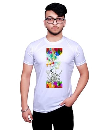 NITYANAND CREATIONS Round Neck White Holi T-Shirt for MEN-HOLI-T-SHIRT-11525-S