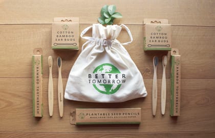 Special Hamper - Four Bamboo Toothbrushes, Two Packs of Cotton Bamboo Earbuds and One Pack of Plantable Seed Pencils with a Reusable Cloth Bag