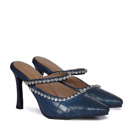 Crystal Stone Heel Pumps Blue Pointed Toe Deep Cut Croco Print leather Partywear Footwear For Ladies By Brune & Bareskin-36/3
