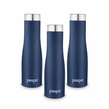 PEXPO Stainless Steel Fridge Water Bottle, 750 ml, Pack of 3, Denim Blue, Monaco | Eco-Friendly & Leak-Proof Water Bottle