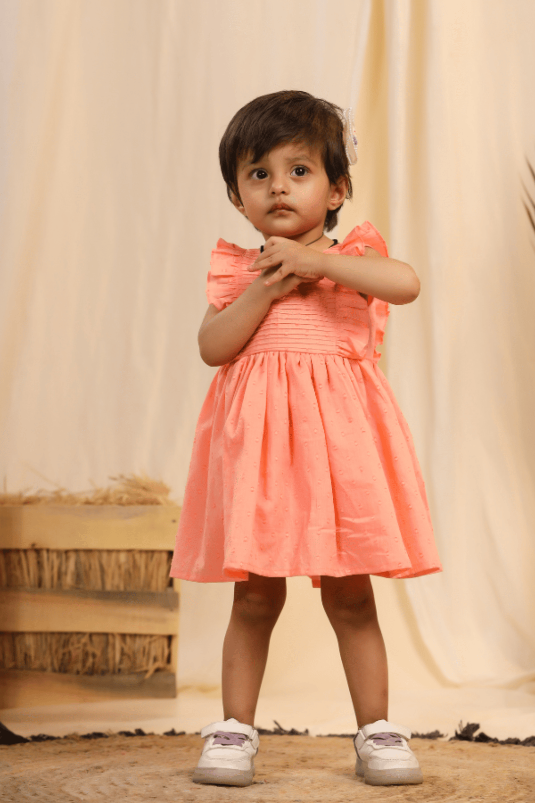 Orange Pintucks Ruffled Sleeve Dress-0-6 months