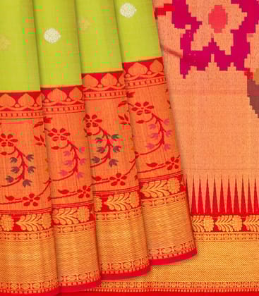 Light Green Handloom Kanchipuram Korvai Silk Saree With Buttas-Light Green-Light Green