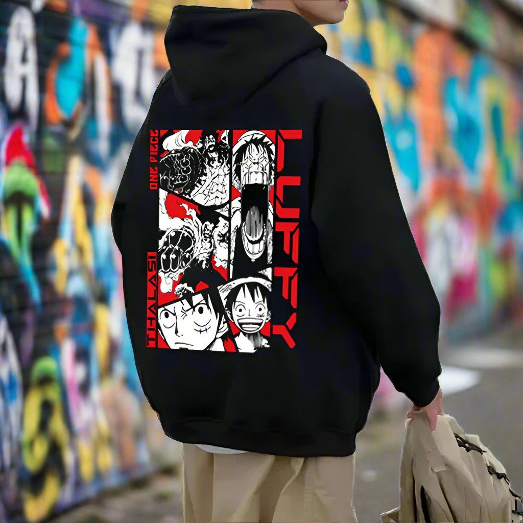Black Hoodies : Luffy Back Printed Anime Hoodies for Men-S