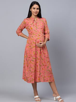 Peach Floral Maternity Midi Dress