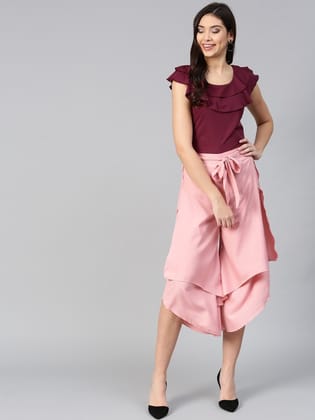 Women Peach-Coloured & Burgundy Solid Top with Culottes