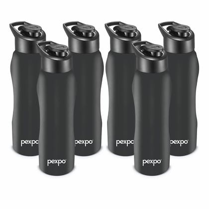 PEXPO Stainless Steel Sports/Fridge Water Bottle, 1000 ml, Pack Of 6, Knight Black, Bistro | Wide Mouth & Leak-Proof Water Bottle