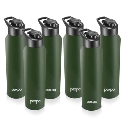 PEXPO Stainless Steel Sports/Fridge Water Bottle, 1000 ml, Pack Of 6, Military Green, Chromo | Wide Mouth & Leak-Proof Water Bottle