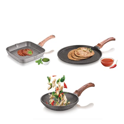 ECHT Die Cast Aluminium Non Stick Combo Set of 3 (24cm Square Grill Pan,24 cm Frying Pan and 28cm Dosa Tawa),Soft Touch Handle, idle for sauté,Frying,dosa and rotis vegies and Omelettes, Grey