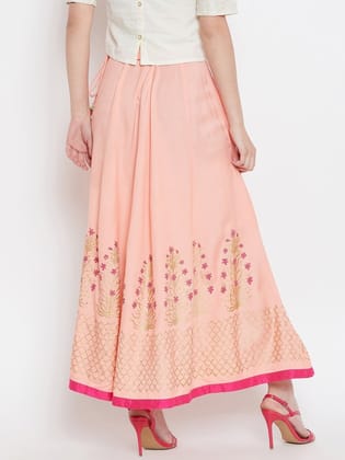Women Peach Block Printed Maxi-Length Flared Skirt