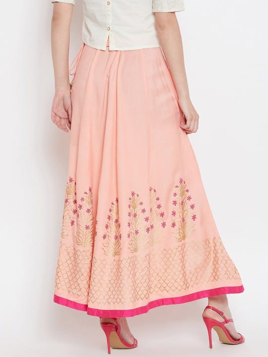 Women Peach Block Printed Maxi-Length Flared Skirt