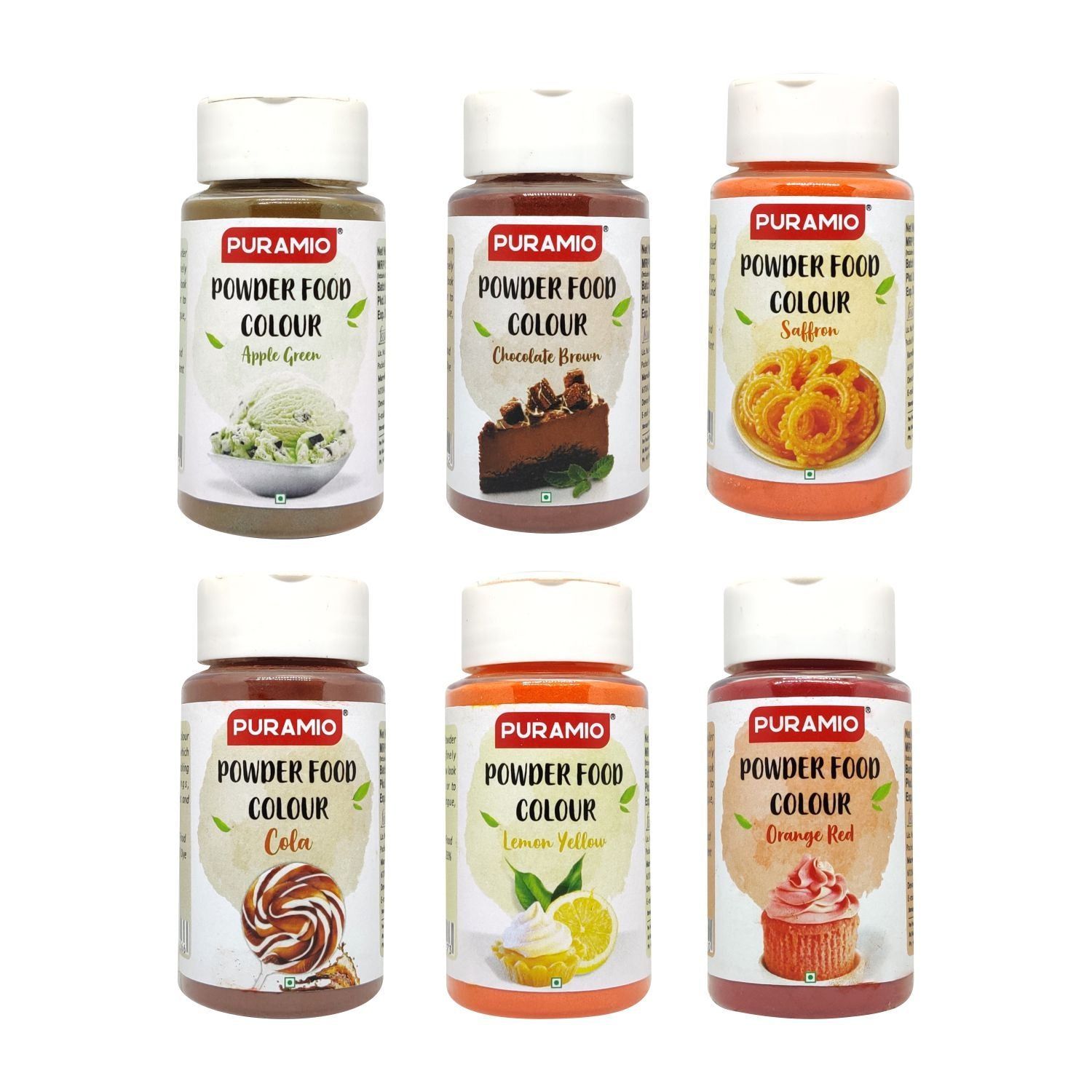 Puramio Powder Food Colour Combo of - (Apple Green, Chocolate Brown, Saffron (Kesari), Cola, Lemon Yellow, Orange Red), 125 gm Each - Pack of 6