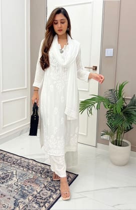 Muslin White Thread Embroidery work  Kurta Palazo Dupatta Set (Stitched)-M(38)