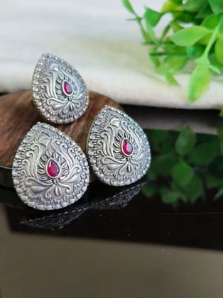Silver Look-Alike Pan Stud Earrings with Adjustable Rings | Sarichka-Red