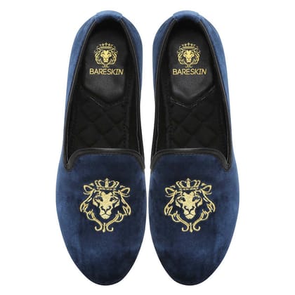 Brune & Bareskin Blue Velvet Slip-Ons With Golden Embroidery For Women-37/4