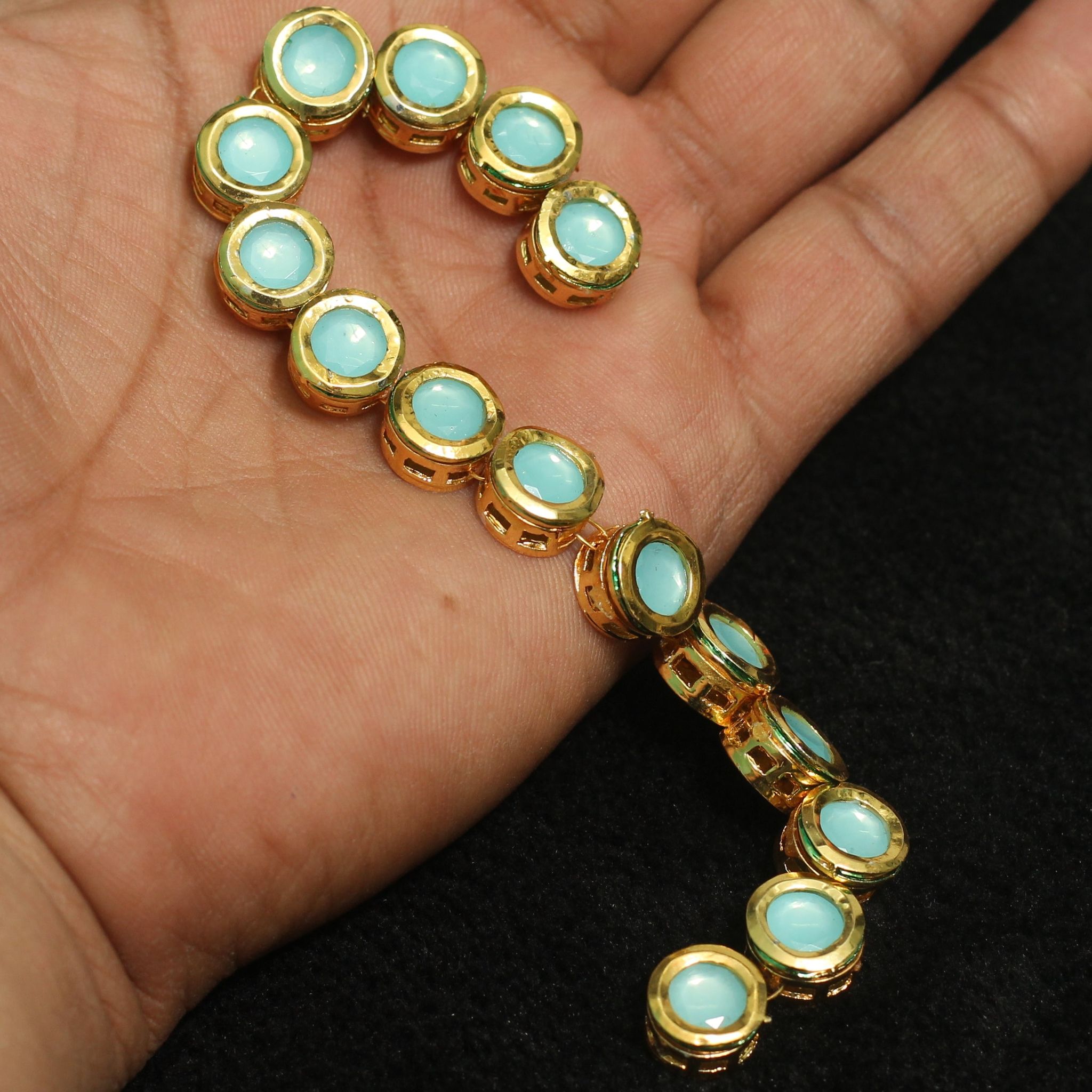 15 Pcs, 10mm Meenakari Kundan Kadi Chain Golden-Turquoise / Kundan / Round