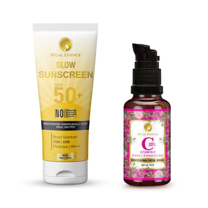 Regal Essence  Glow Sunscreen SPF 50 & Vitamin C 20% Facial Serum (30 ml)  for Better Skin  ( COMBO PACK )
