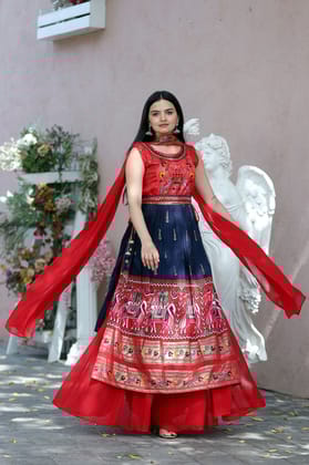 Hand Mirror Work Navy And Red Patola Designer Sharara Suit-S