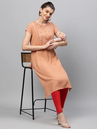 Beige Thread Work Maternity Pure Cotton Kurta