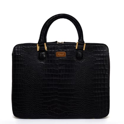 Black Laptop Briefcase In Croco Textured Leather-FS