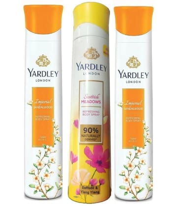 YARDLEY LONDON 2 IMPERIAL SANDALWOOD , 1 SCOTTISH  MEADOWS BODY SPRAY 150 ML EACH PACK OF 3 .