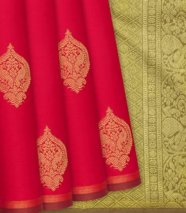 Pink Handloom Kanchipuram Silk Saree With Peacock Buttas-Pink-Pink