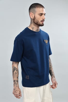 Golden Key Embroidered Oversized Denim Blue T-Shirt-S