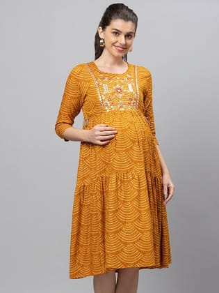 Mustard Yellow Printed Maternity A-Line Dress
