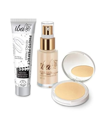 Iba Primer, Foundation, Compact Combo ,Snow White , Long Lasting, Full Coverage Base Makeup, (Pack of 3)