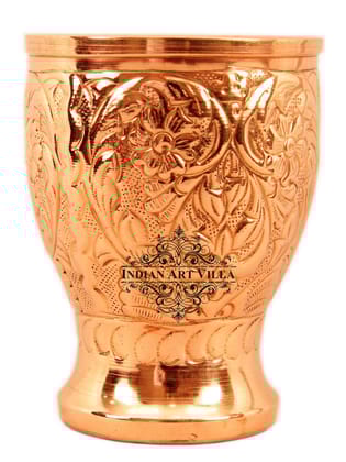 Indian Art Villa Handcrafted Pure Copper Big Glass with Embossed Flower Design, 350ml-1